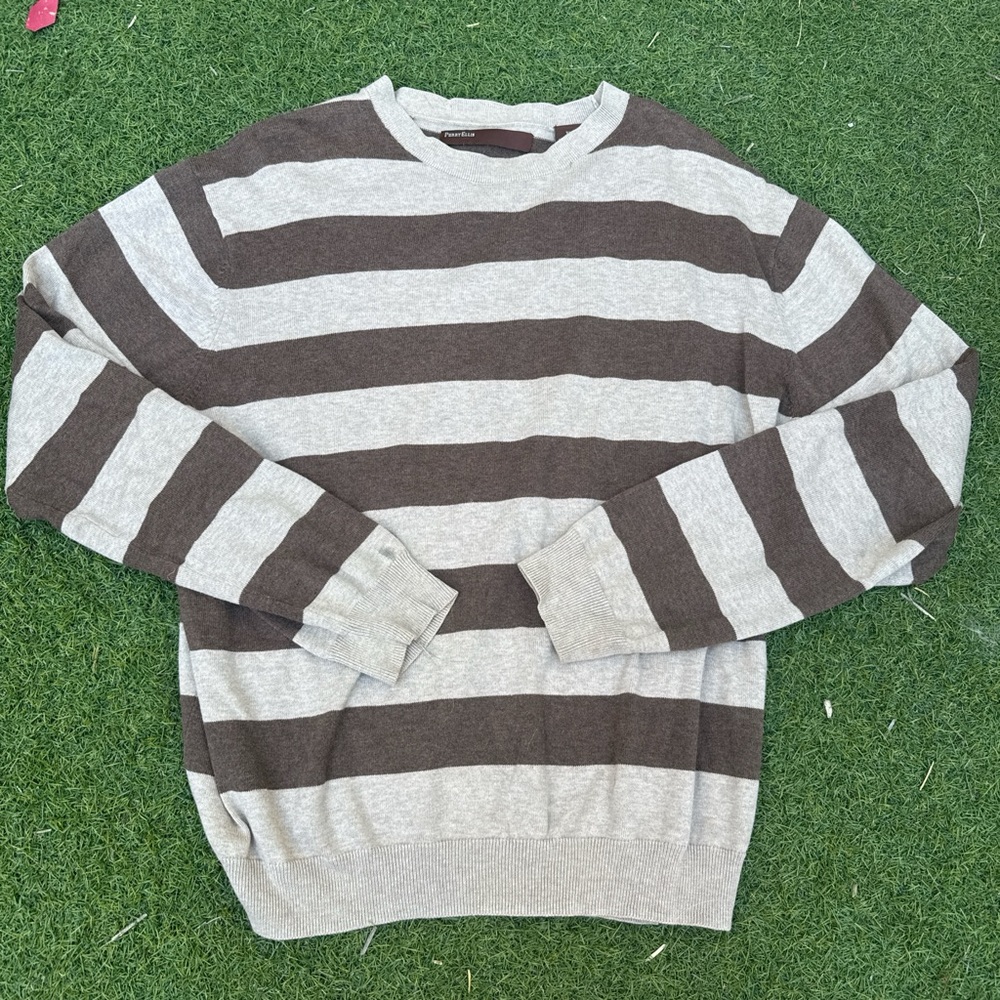 Perry Ellis Brown and Gray Striped Crewneck Sweater